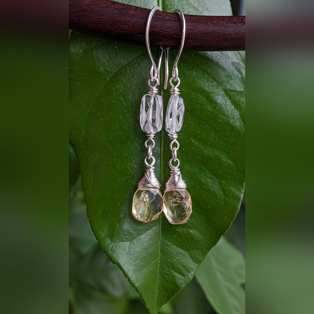Sterling Silver Citrine Drop Earrings With Carved Clear Quartz Gems - Picture 6 of 13